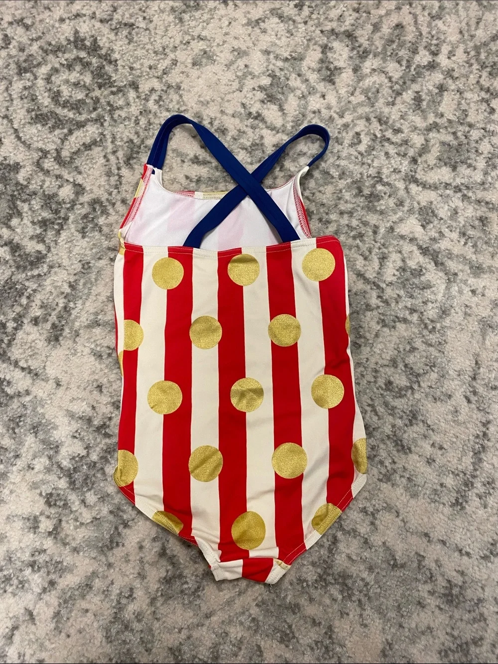 Mini Boden Red & White Striped One-Piece Swimsuit with Gold Dots and Blue Straps